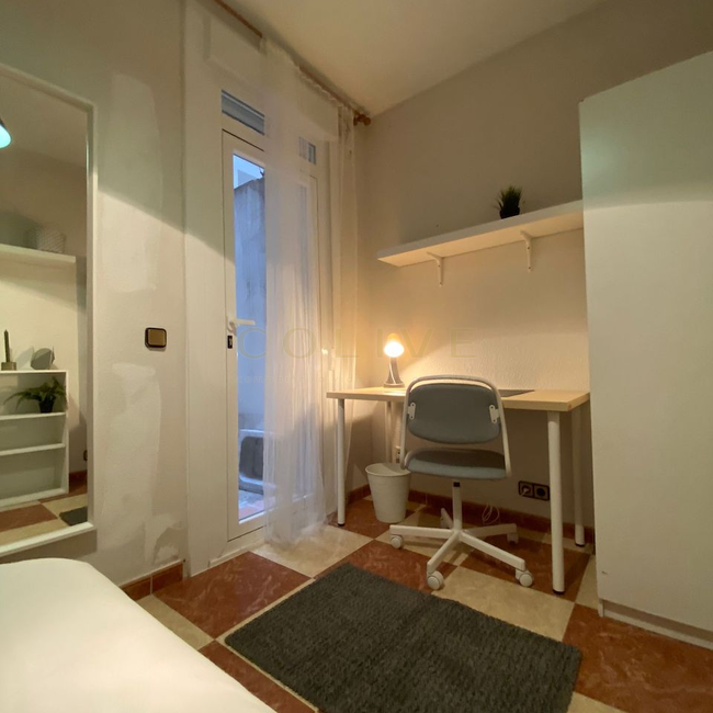 Puerta de acceso a patio interior, mesa de escritorio, silla de escritorio, armario y alfombra